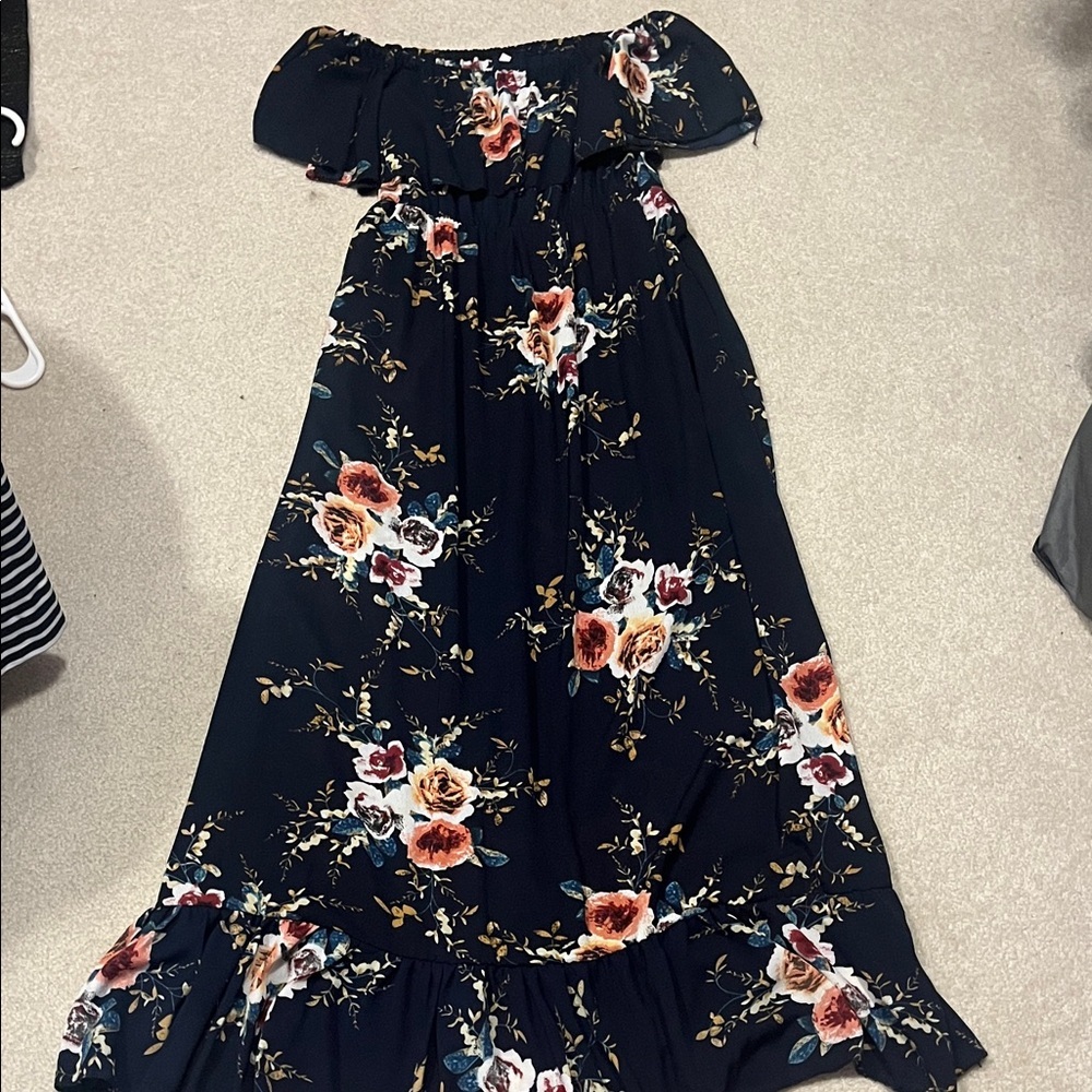 Off-Shoulder Navy Floral Maxi Dress